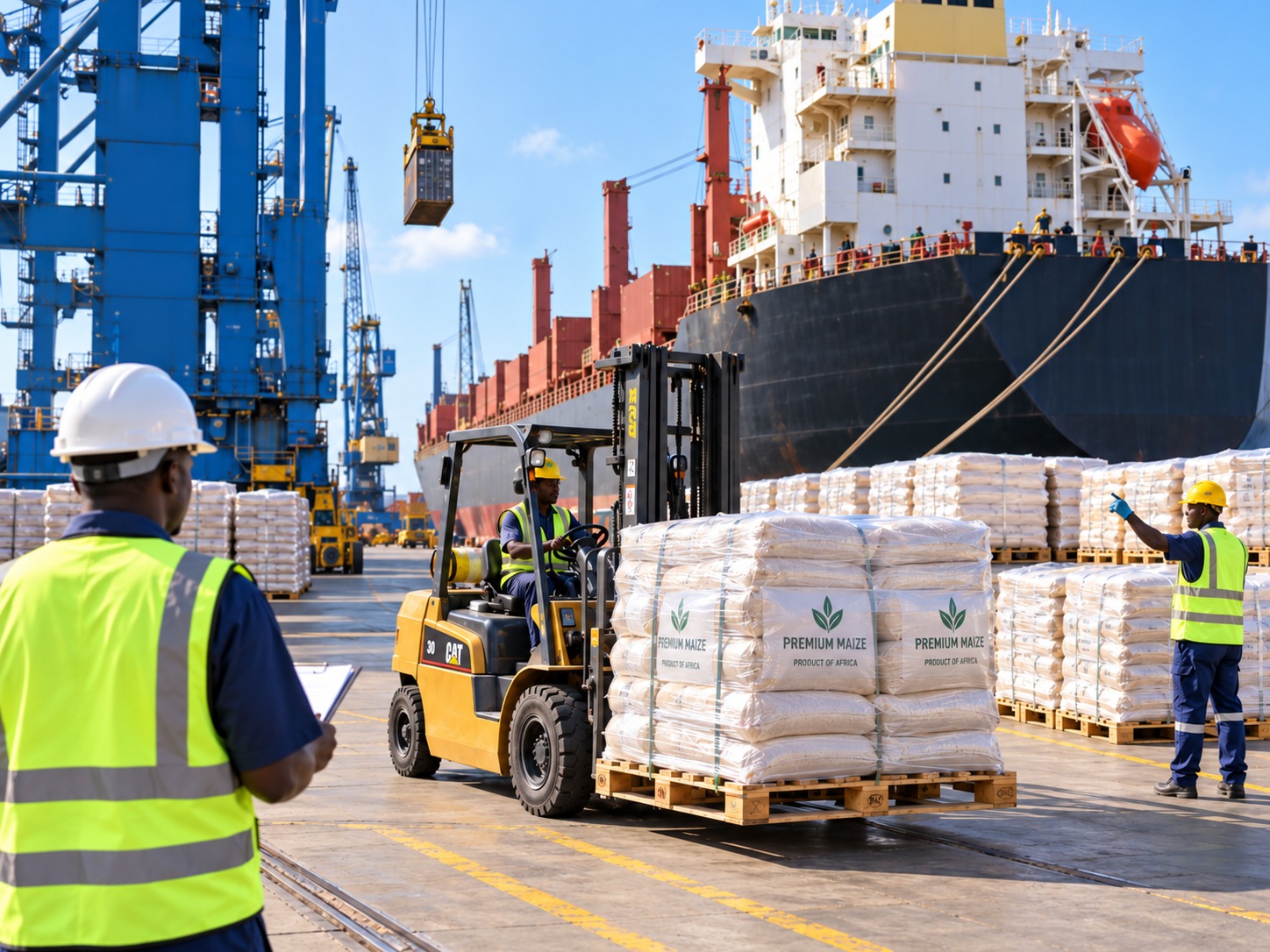 Packaged maize cargo being handled at a port